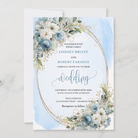Dusty Blue Floral Greenery wedding invitation 招待状 (正面)