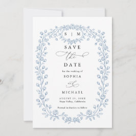 Dusty Blue Floral Line Art Save The Date Invite セーブザデート