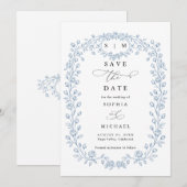 Dusty Blue Floral Line Art Save The Date Invite セーブザデート (正面/裏面)