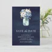 Dusty Blue Floral Mason Jar Navy Photo Wedding セーブザデート (スタンド正面)