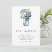 Dusty Blue Floral Mason Jar Photo Wedding セーブザデート (スタンド正面)
