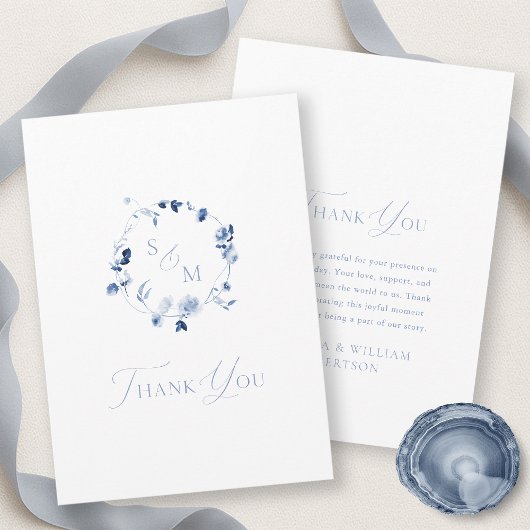 Dusty Blue Floral Monogram Thank You Card サンキューカード