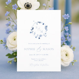 Dusty Blue Floral Monogram Wedding Invitation  招待状