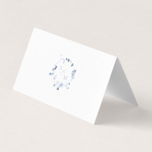 Dusty Blue Floral Monogram Wedding Place Card (裏面)