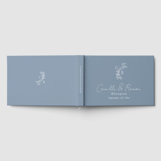 Dusty Blue Floral Monogrammed Calligraphy Wedding ゲストブック (全面)