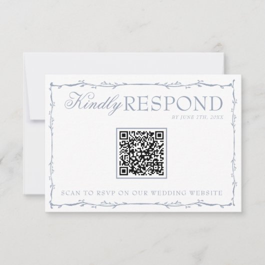 Dusty Blue Floral Old Money QR Code Wedding 出欠カード (正面)