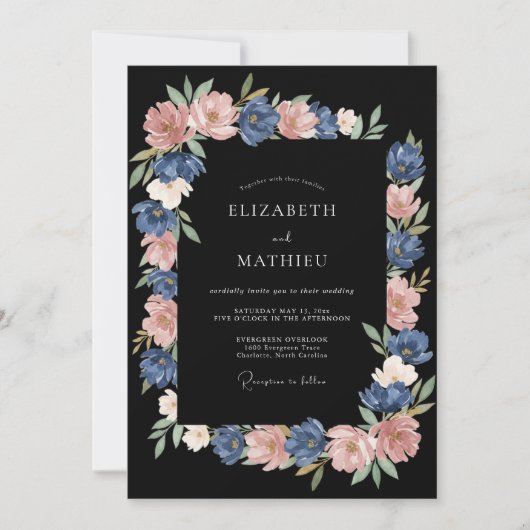 Dusty Blue Floral Painterly Wedding 招待状 (正面)