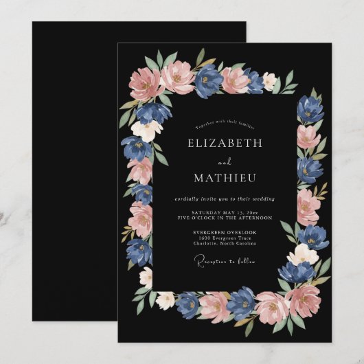 Dusty Blue Floral Painterly Wedding 招待状 (正面/裏面)
