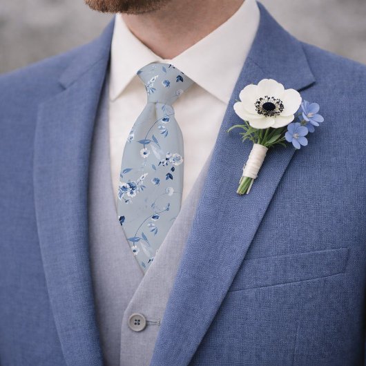Dusty Blue Floral Pattern Wedding Tie ネクタイ