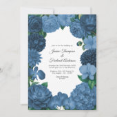 Dusty Blue Floral Photo and QR Code Wedding 招待状 (正面)