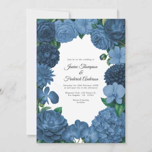 Dusty Blue Floral Photo and QR Code Wedding 招待状 (正面)