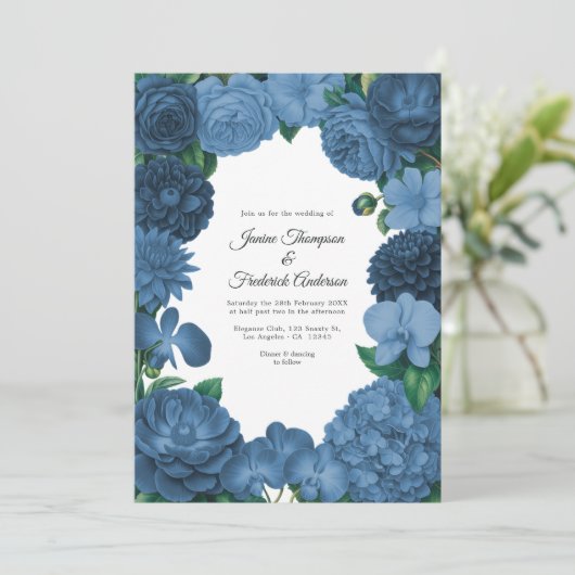 Dusty Blue Floral Photo and QR Code Wedding 招待状 (スタンド正面)