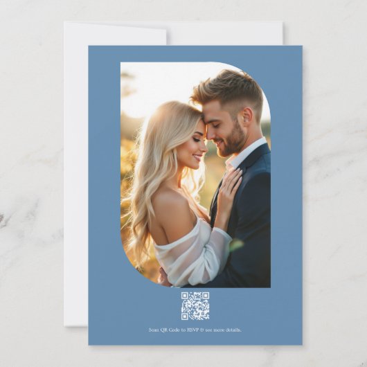 Dusty Blue Floral Photo and QR Code Wedding 招待状 (裏面)