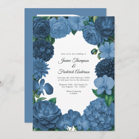 Dusty Blue Floral Photo and QR Code Wedding 招待状 (正面/裏面)