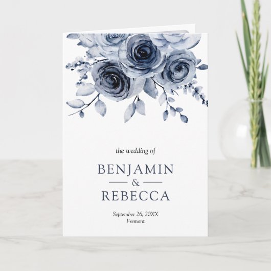 Dusty Blue Floral Photo Collage QR Code Wedding 招待状 (正面)