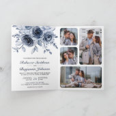 Dusty Blue Floral Photo Collage QR Code Wedding 招待状 (内部)