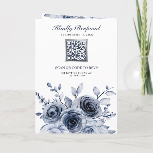 Dusty Blue Floral Photo Collage QR Code Wedding 招待状 (裏面)