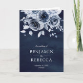 Dusty Blue Floral Photo QR Code Navy Wedding 招待状 (正面)