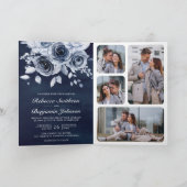 Dusty Blue Floral Photo QR Code Navy Wedding 招待状 (内部)