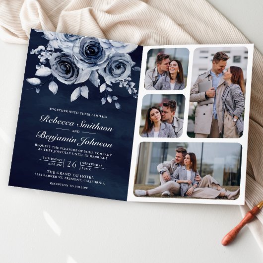 Dusty Blue Floral Photo QR Code Navy Wedding 招待状