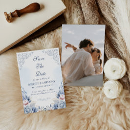 Dusty Blue Floral Photo Save the Date セーブザデート