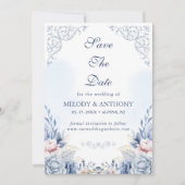 Dusty Blue Floral Photo Save the Date セーブザデート (正面)