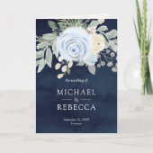 Dusty Blue Floral QR Code Navy Wedding 招待状 (正面)