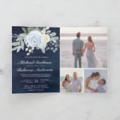 Dusty Blue Floral QR Code Navy Wedding 招待状 (内部)