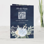 Dusty Blue Floral QR Code Navy Wedding 招待状 (裏面)