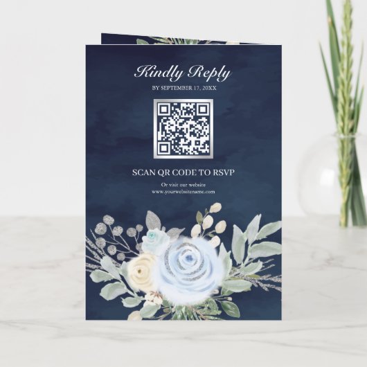 Dusty Blue Floral QR Code Navy Wedding 招待状 (裏面)