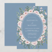 Dusty Blue Floral Romantic Flourish Wedding 招待状 (正面/裏面)