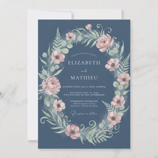 Dusty Blue Floral Romantic Laurel Wedding 招待状 (正面)