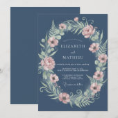 Dusty Blue Floral Romantic Laurel Wedding 招待状 (正面/裏面)
