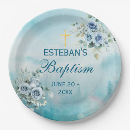 Dusty Blue Floral Rose ペーパープレート