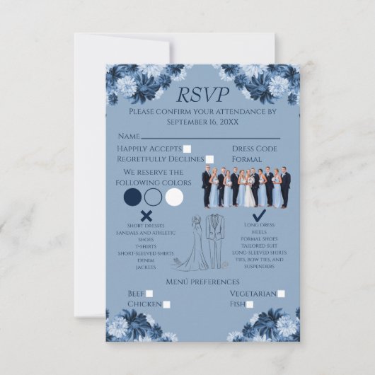 Dusty Blue Floral RSVP with Menu and Dress Code (正面)