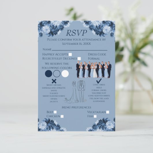 Dusty Blue Floral RSVP with Menu and Dress Code (スタンド正面)