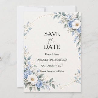 Dusty Blue Floral Save the Date Card カード