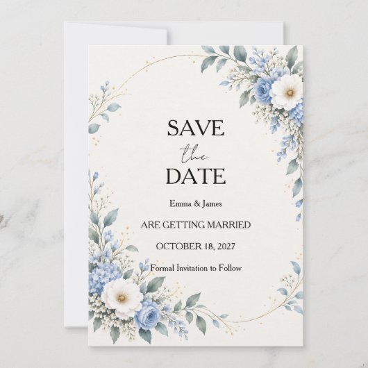 Dusty Blue Floral Save the Date Card カード (正面)