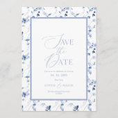 Dusty Blue Floral Save the Date Card 招待状 (正面)