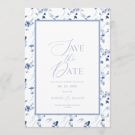 Dusty Blue Floral Save the Date Card 招待状 (正面)