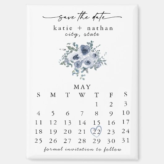 Dusty Blue Floral Save the Date Magnet マグネット (正面)