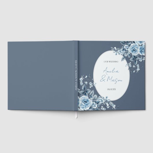 Dusty Blue Floral Script Elegant Wedding  ゲストブック (全面)
