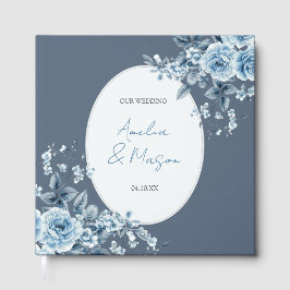 Dusty Blue Floral Script Elegant Wedding ゲストブック