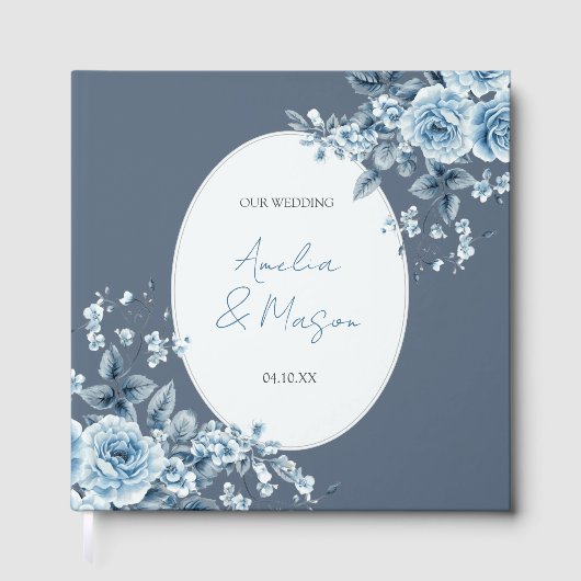 Dusty Blue Floral Script Elegant Wedding  ゲストブック (正面)