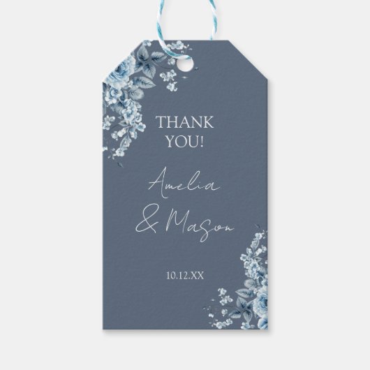 Dusty Blue Floral Script Wedding ギフトタグ (正面)