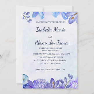 Dusty Blue Floral Watercolor Frame Wedding Invitat 招待状