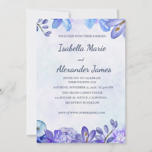 Dusty Blue Floral Watercolor Frame Wedding Invitat 招待状 (正面)