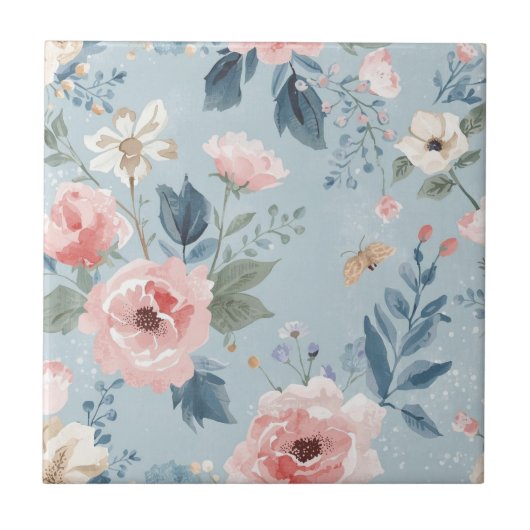 Dusty Blue Floral Watercolor Garden Pink Blooms タイル (正面)