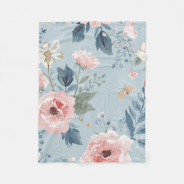 Dusty Blue Floral Watercolor Garden Pink Blooms フリースブランケット
