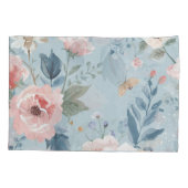Dusty Blue Floral Watercolor Garden Pink Blooms 枕カバー (裏面)